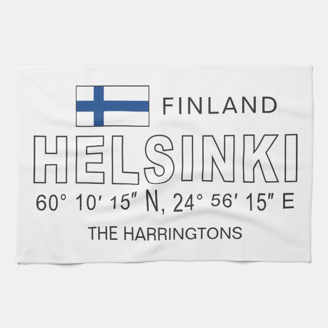 Custom Name Helsinki Coordinates Tea Towel (Horizontal)