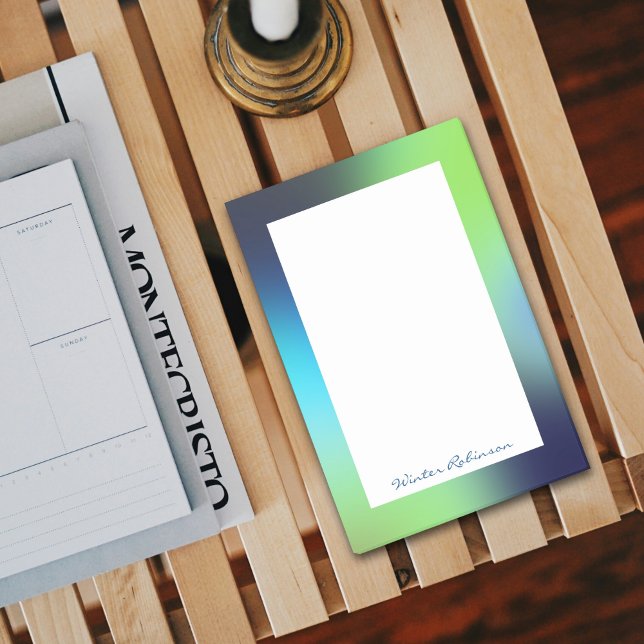 Custom name holographic blue green turquoise ombre post-it notes (Stylish holographic design for script  named post-it notes)