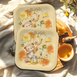 Custom Name Honey Bear Bees Birthday Party Paper Plate