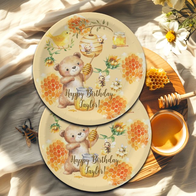 Custom Name Honey Bear Bees Birthday Party Paper Plate (Creator Uploaded)