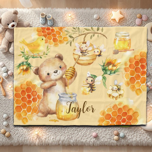 Custom Name Honey Bear Bees Kids Fleece Blanket (Creator Uploaded)