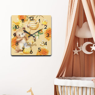 Custom Name Honey Bear Bees Square Wall Clock