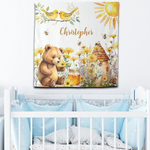 Custom Name Honey Bees Teddy Bear Backdrop Tapestry