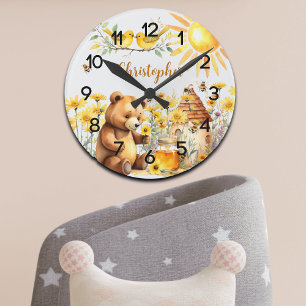 Custom Name Honey Bees Teddy Bear Nursery Round Clock
