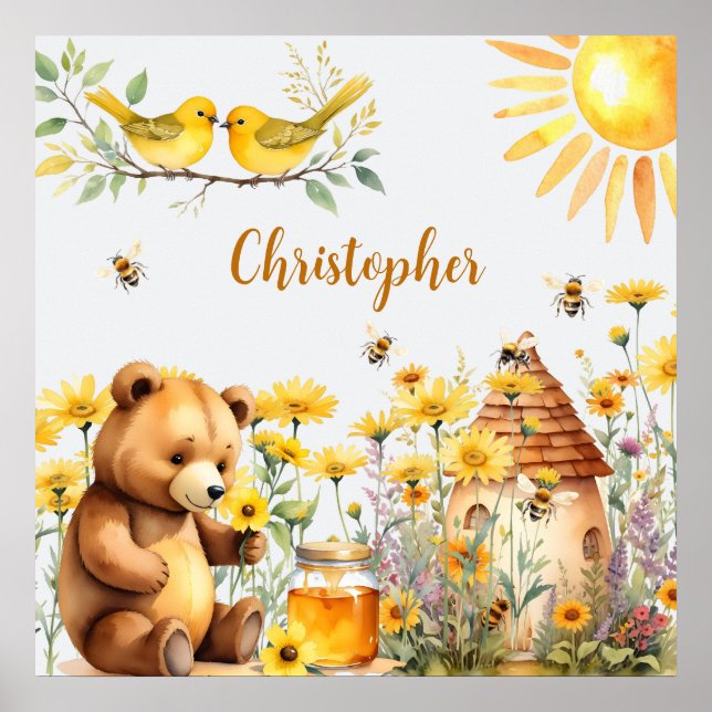 Custom Name Honey Bees Teddy Bear Poster (Front)