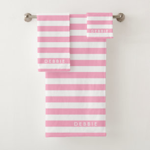 Custom name horizontal stripes pink & white bath towel set