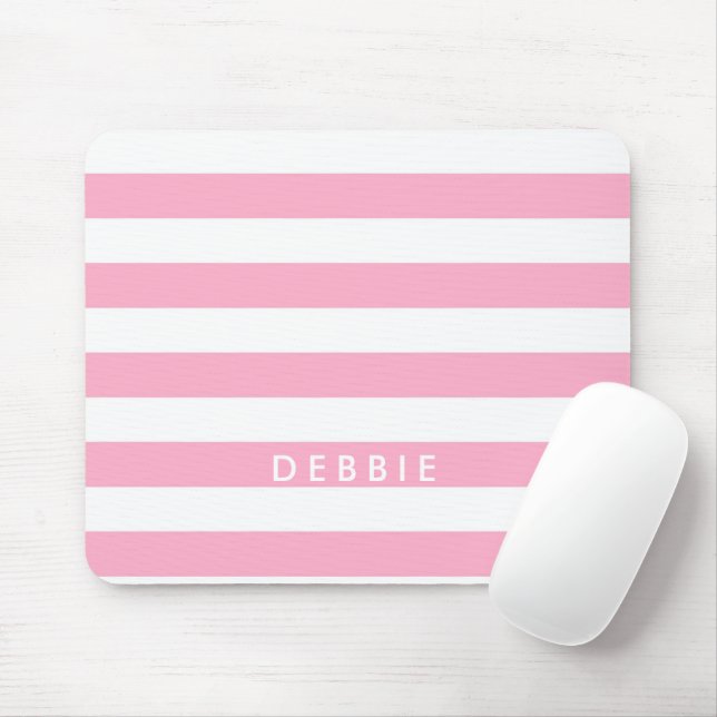 Custom name horizontal stripes pink & white mouse mat (With Mouse)
