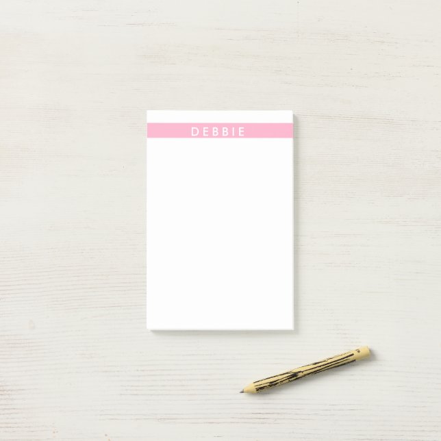 Custom name horizontal stripes pink & white post-it notes (On Desk)