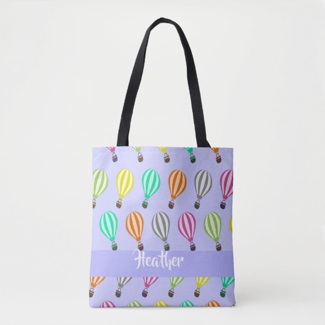 Custom name hot air balloon blue tote bag (Front)