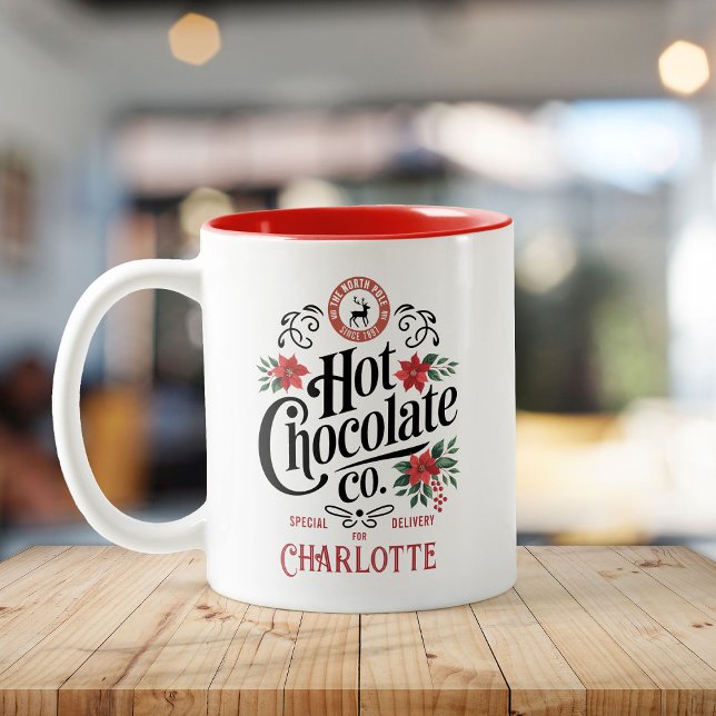 Custom Name Hot Chocolate North Pole Christmas Two-Tone Coffee Mug (Creator Uploaded)