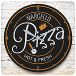 Custom NAME Hot Fresh Italian Pizza Pizzeria Round Clock<br><div class="desc">Custom NAME Hot Fresh Italian Pizza Pizzeria Design - Classic Italy Pizza Pie Style! Customise with your Name or Custom Text - Pizzaiolo or Pizzaiola Baker Chef</div>