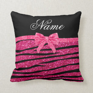 Custom name hot pink glitter zebra stripes bow cushion
