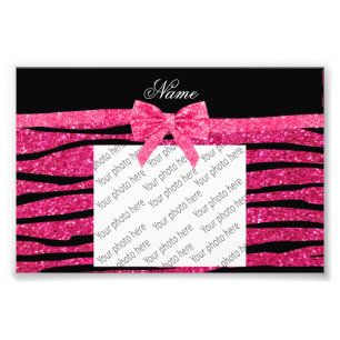 Custom name hot pink glitter zebra stripes bow photo print