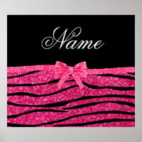 Custom name hot pink glitter zebra stripes bow