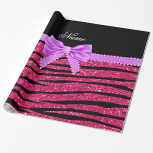 Custom name hot pink glitter zebra stripes bow wrapping paper
