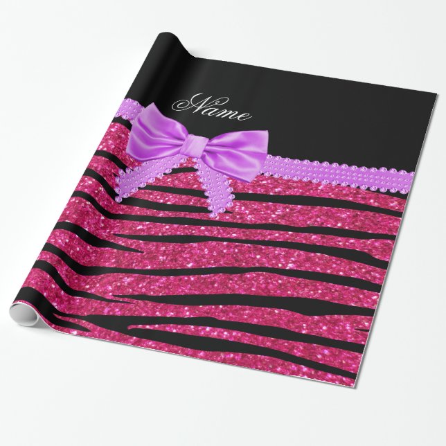 Custom name hot pink glitter zebra stripes bow wrapping paper (Unrolled)