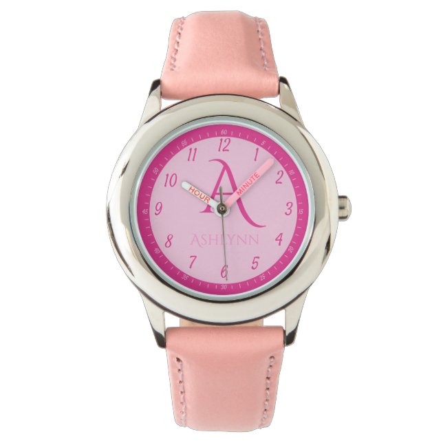 Custom Name Hot Pink Kids Monogram Learning  Watch (Front)