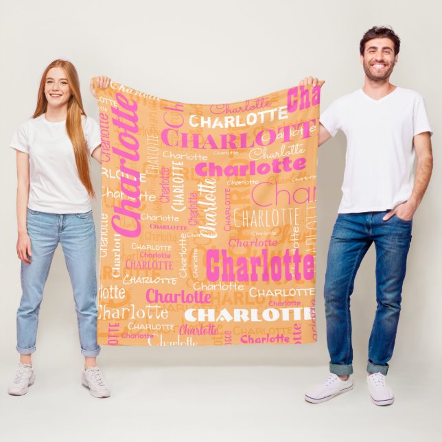 Custom Name Hot Pink Orange Repeating Pattern Fleece Blanket (In Situ)