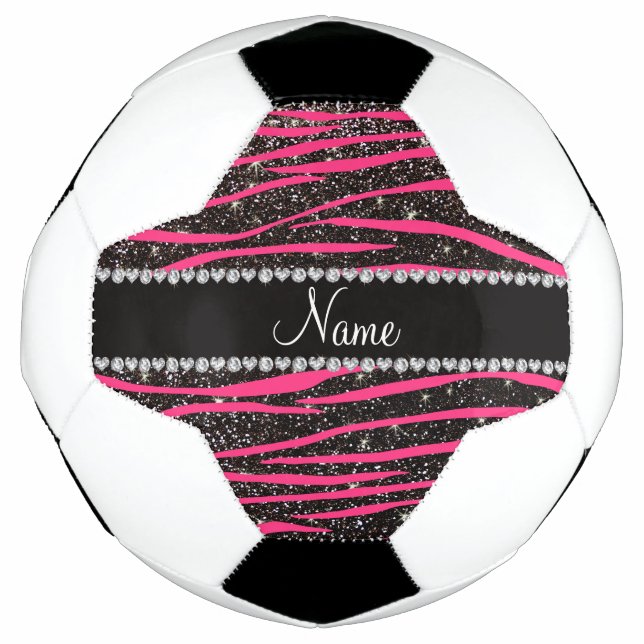 Custom name hot pink zebra stripes black glitter football (Front)