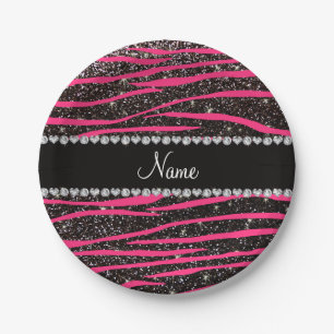 Custom name hot pink zebra stripes black glitter paper plate