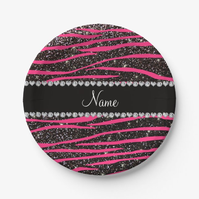 Custom name hot pink zebra stripes black glitter paper plate (Front)