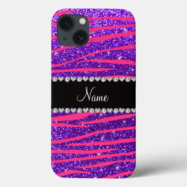 Custom name hot pink zebra stripes purple glitter Case-Mate iPhone case (Back)