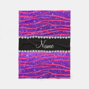 Custom name hot pink zebra stripes purple glitter fleece blanket