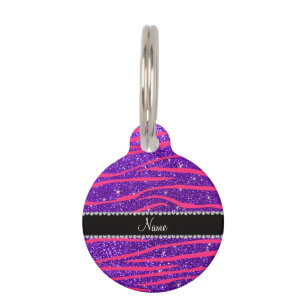 Custom name hot pink zebra stripes purple glitter pet tag