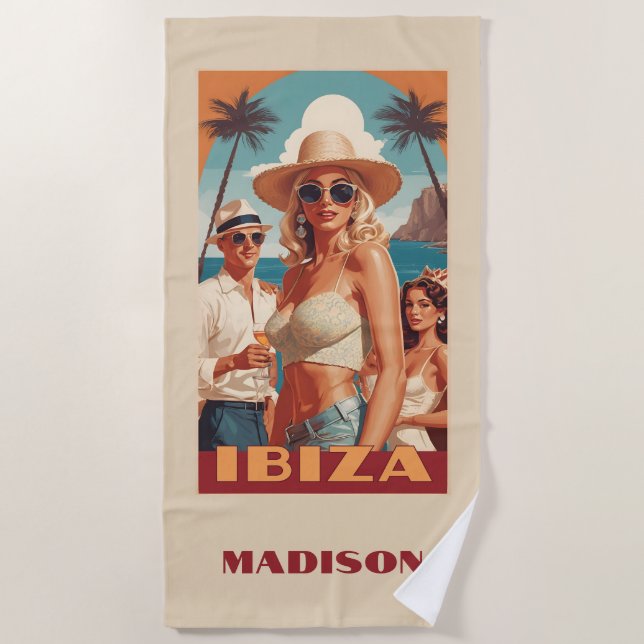 Custom Name Ibiza, Spain Travel Poster Beach Towel (Front)