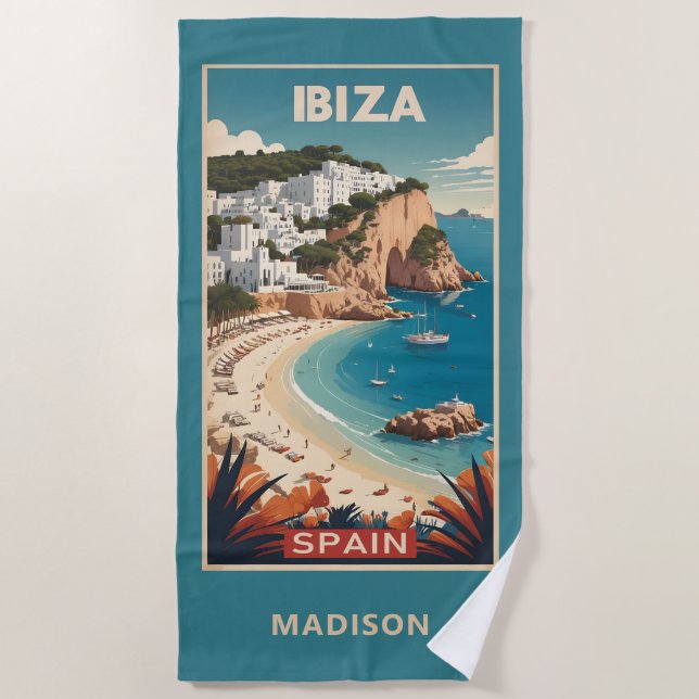 Custom Name Ibiza, Spain Travel Poster Beach Towel (Front)