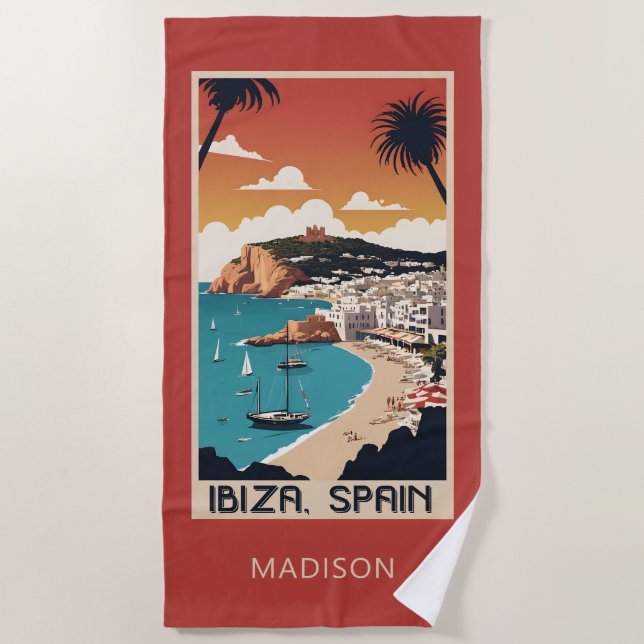 Custom Name Ibiza, Spain Travel Poster Beach Towel (Front)