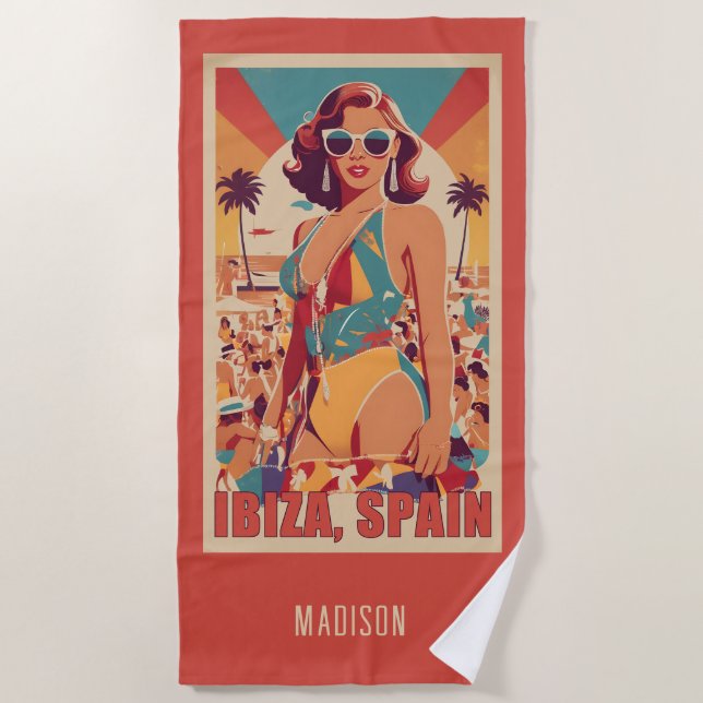 Custom Name Ibiza, Spain Travel Poster Beach Towel (Front)