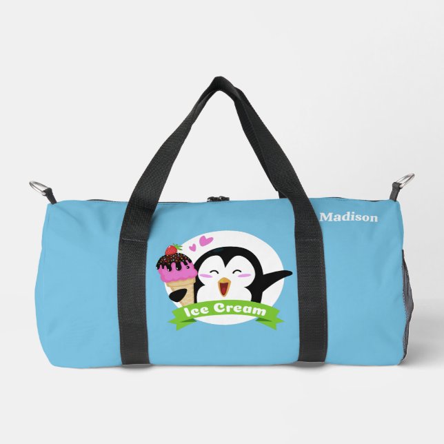 Custom Name Ice Cream Penguin Duffle Bag (Front)