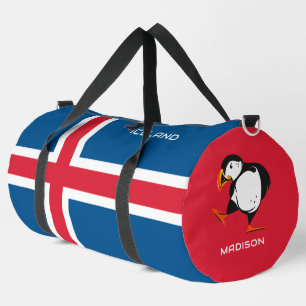 Custom Name Iceland Flag with Puffin Duffle Bag