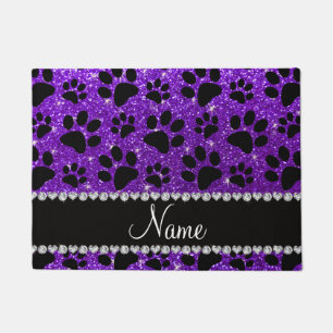 Custom name indigo purple glitter black dog paws doormat