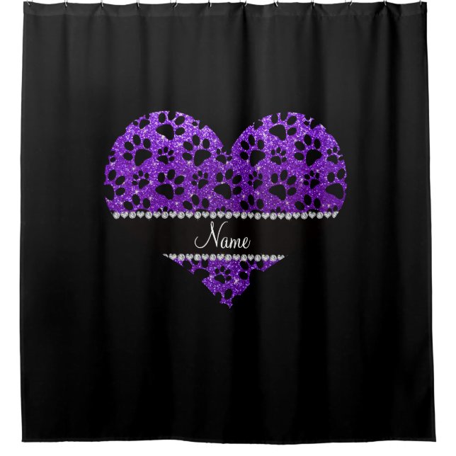 Custom name indigo purple glitter black dog paws shower curtain (Front)