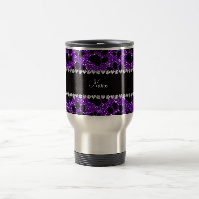 Custom name indigo purple glitter black dog paws travel mug (Center)