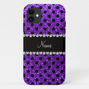 Custom name indigo purple glitter black polka dots iPhone 11 case