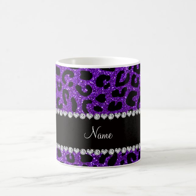Custom name indigo purple glitter cheetah print coffee mug (Center)