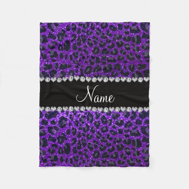 Custom name indigo purple glitter leopard print fleece blanket (Front)