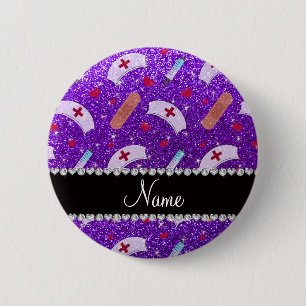 Custom name indigo purple glitter nurse hats heart 6 cm round badge
