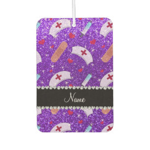 Custom name indigo purple glitter nurse hats heart car air freshener