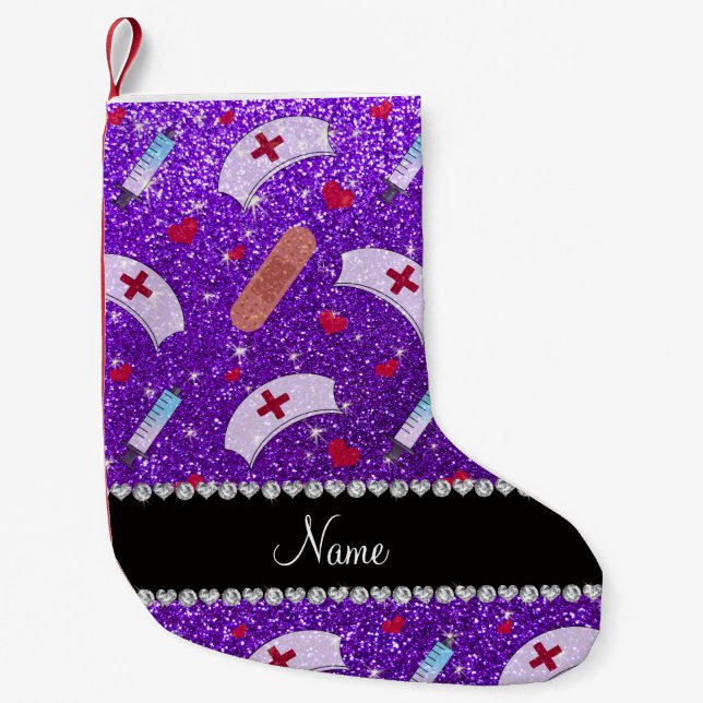 Custom name indigo purple glitter nurse hats heart small christmas stocking (Front)