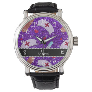 Custom name indigo purple glitter nurse hats heart watch