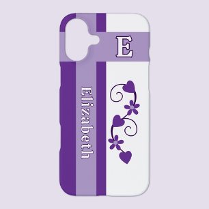 Custom name initial flowers hearts purple iPhone 16 plus case
