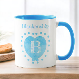 Custom Name Initial Polka Dot Blue Heart Mug