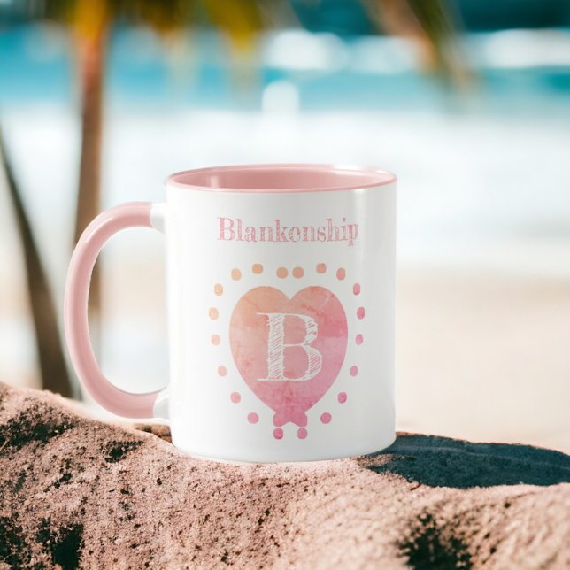 Custom Name Initial Polka Dot Pink Heart Mug (Ready for your personalization or remove of the template text.)