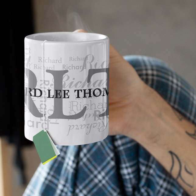 custom name + initials personalised monogram black mug (modern monogram)