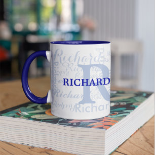 custom name + initials personalised monogram blue mug