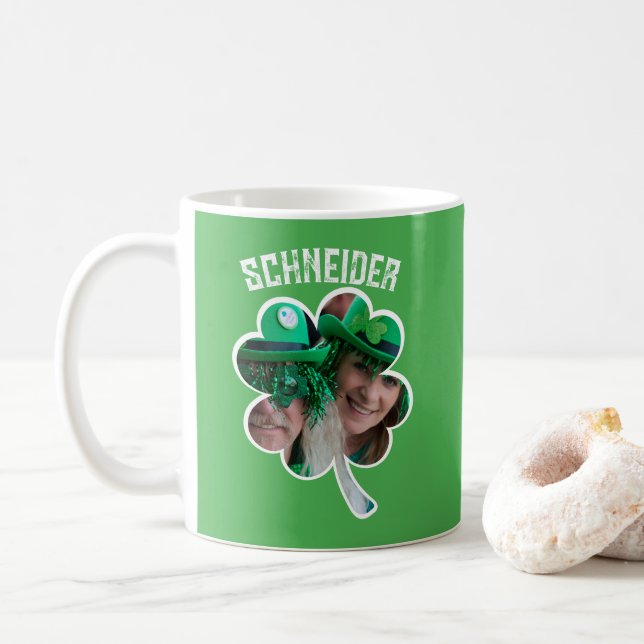 Custom Name Irish clover photo St Patricks Day Coffee Mug (With Donut)